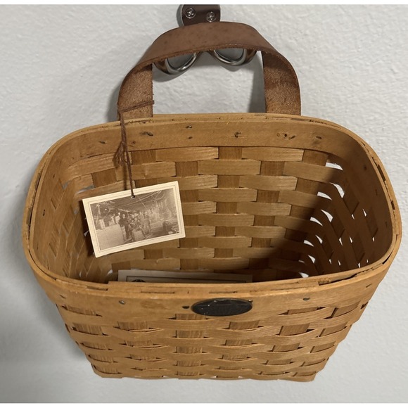 Peterboro‎ Basket  Co. Wooden Woven Wall Pocket Basket Leather Single Handle - Picture 3 of 16